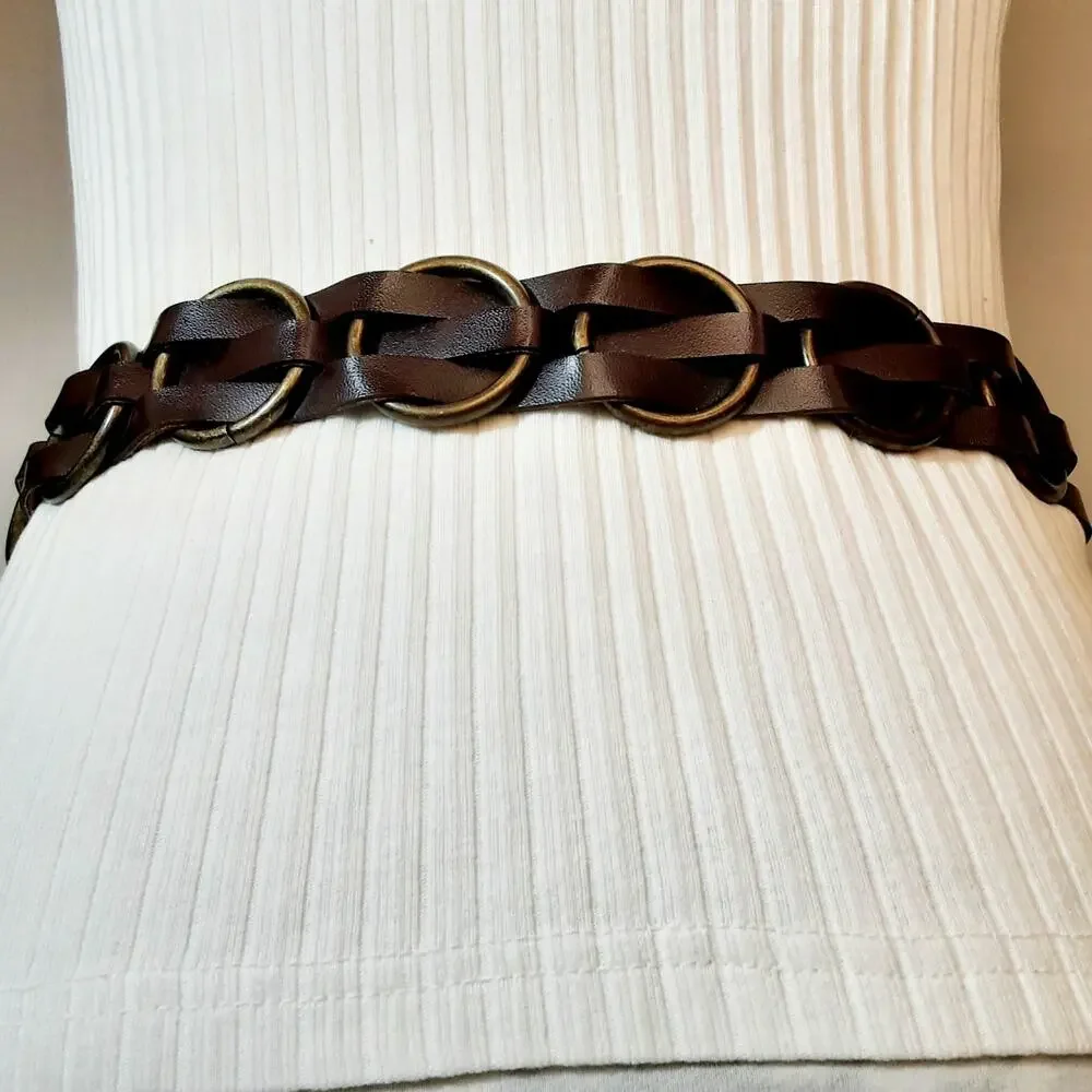 💎Unisex Dark Brown Faux Leather Belt L Antique Brass Rings Multi Strap Design